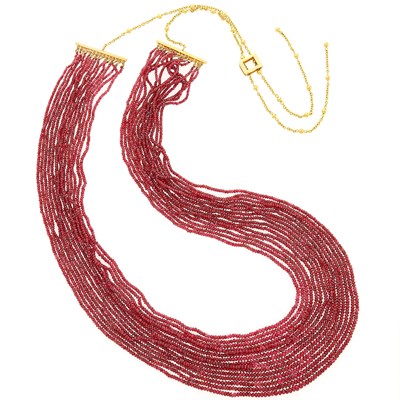 Lot 2213 - Fifteen Strand Ruby Bead and Gold Necklace