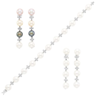 Lot 2178 - White Gold, Freshwater Pearl and Diamond Bracelet and and Two Pairs of Pendant-Earrings