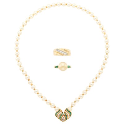 Lot 2261 - Cultured Pearl, Gold, Diamond and Emerald Necklace and Two Rings