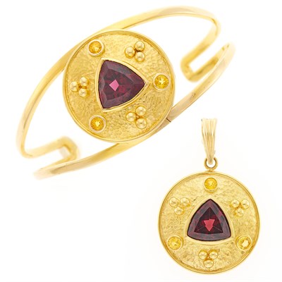 Lot 2215 - Gold, Garnet and Yellow Sapphire Bangle and Enhancer