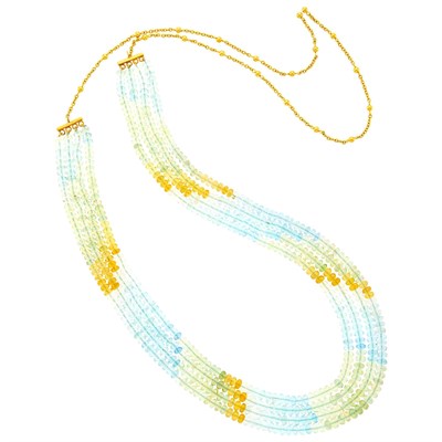 Lot 2227 - Four Strand Blue Topaz, Citrine and Green Quartz Bead and Gold Necklace