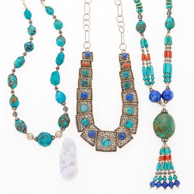 Lot 2307 - Three Silver, Turquoise and Hardstone Necklaces and Carved Lavender Jade Bird Objet