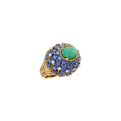 Lot 48 - Marchak Gold, Turquoise, Sapphire and Diamond Dome Ring, France
