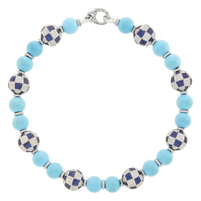 Lot 128 - White Gold, Turquoise, Sapphire and Diamond Bead Necklace