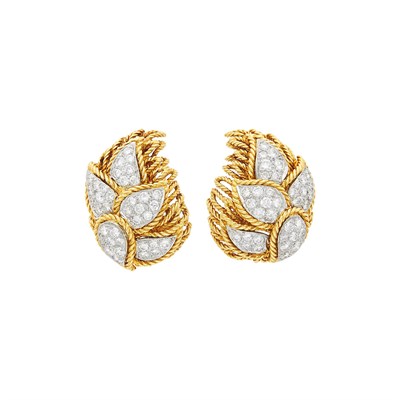 Lot 57 - Van Cleef & Arpels Pair of Gold, Platinum and Diamond Leaf Earclips
