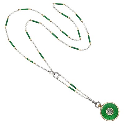 Lot 78 - Cartier Gold, Platinum, Green Guilloché and White Enamel, Diamond and Pearl Pendant-Watch with Chain Necklace