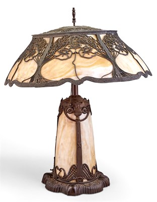 Lot 263 - American Art Nouveau Metal and Slag Glass Lamp...