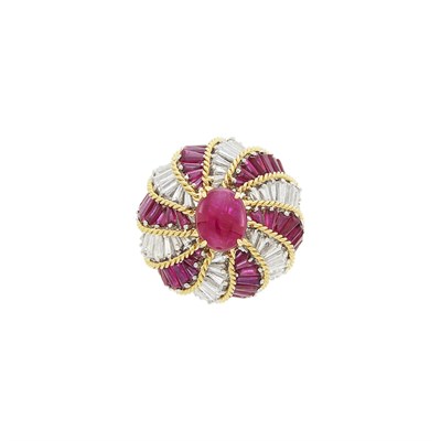 Lot 66 - David Webb Gold, Platinum, Cabochon Ruby, Ruby and Diamond Dome Ring