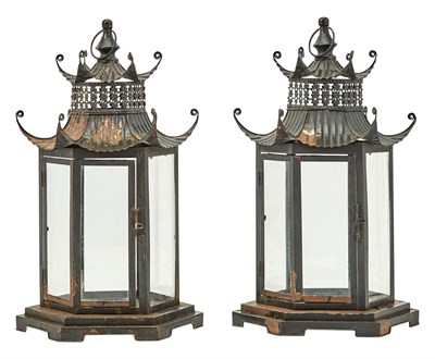 Lot 193 - Pair of Pagoda-Form Patinated Metal Lanterns...