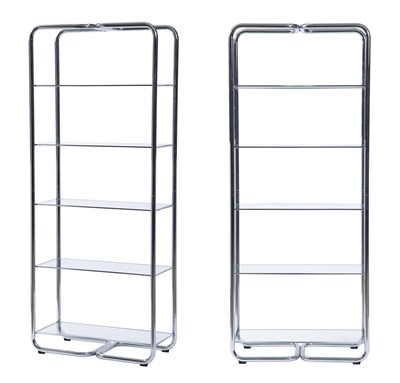 Lot 391 - Pair of Glass and Chrome Five-Shelf Etageres...