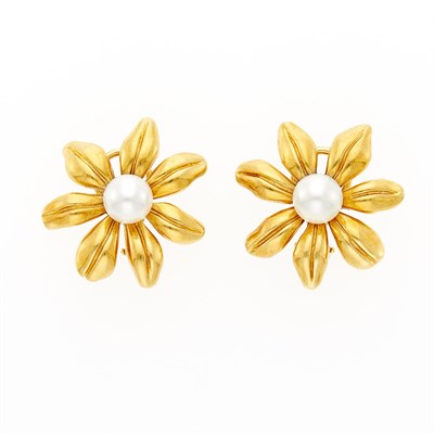 Lot 2011 - Tiffany & Co. Pair of Gold and Cultured Pearl Flower Earrings