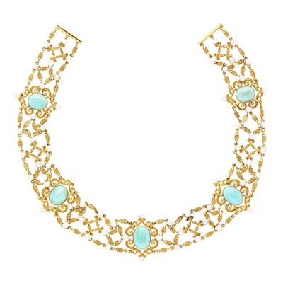 Lot 50 - Antique Gold, Turquoise and Pearl Choker Necklace