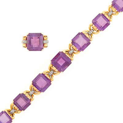 Lot 2123 - Gold, Platinum, Amethyst and Diamond Bracelet and Ring