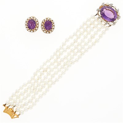 Lot 2245 - Five Strand Cultured Pearl Bracelet with Gold, Platinum, Amethyst and Diamond Clasp and Pair of Earclips