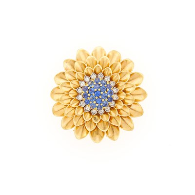 Lot 2271 - Tiffany & Co. Gold, Sapphire and Diamond Flower Clip-Brooch