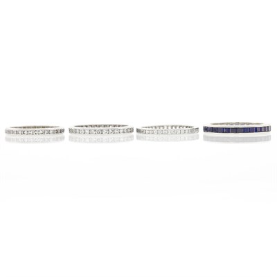 Lot 2289 - Three Platinum and Diamond Band Rings and White Gold and Sapphire Band Ring