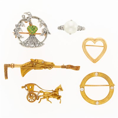Lot 2276 - Two-Color Gold, Platinum, Diamond, Cultured Pearl and Demantoid Garnet Pins and Ring