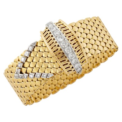 Lot 47 - Gold, Platinum and Diamond Buckle Slide Bracelet, France