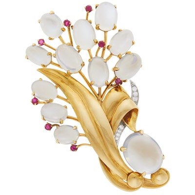 Lot 41 - Retro Gold, Platinum, Moonstone, Diamond and Ruby Brooch
