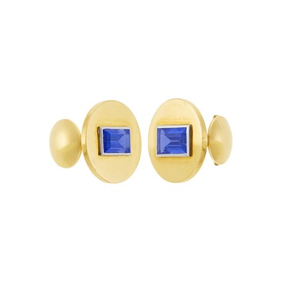 Lot 94 - Cartier Pair of Gold, Platinum and Sapphire Cufflinks