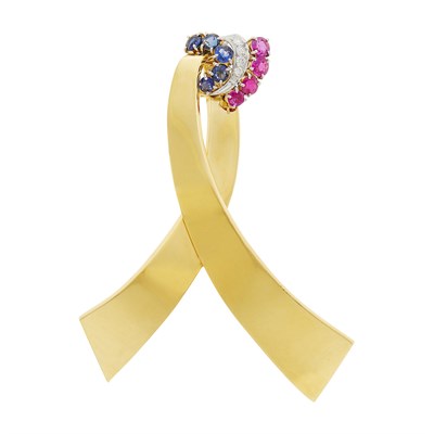 Lot 37 - Two-Color Gold, Sapphire, Ruby and Diamond Ribbon Brooch