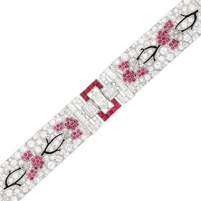 Lot 93 - Platinum, Diamond and Ruby 'Cherry Blossom' Bracelet