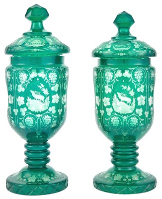 Lot 215 - Pair of Bohemian Overlay Cut Glass Covered...