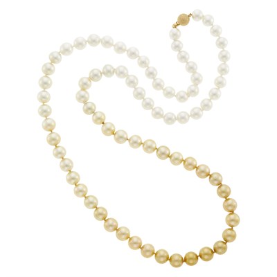 Lot 113 - Long Golden and White South Sea Cultured Pearl Necklace with Gold Ball Clasp