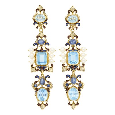 Lot 14 - Percossi Papi Pair of Gold, Blue Topaz, Freshwater and Split Pearl, Sapphire and Enamel Pendant-Earrings