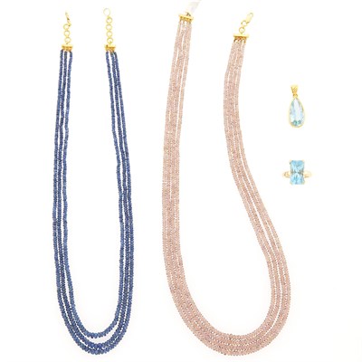 Lot 2221 - Triple Strand Sapphire Bead Necklace, Four Strand Smoky Quartz Bead Necklace, Gold and Aquamarine Ring and Pendant