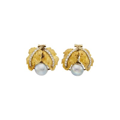 Lot 73 - Buccellati Pair of Two-Color Gold, Gray Cultured Pearl and Diamond Earclips