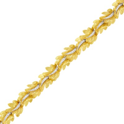 Lot 53 - Cartier Gold, Platinum and Diamond Leaf Bracelet, France