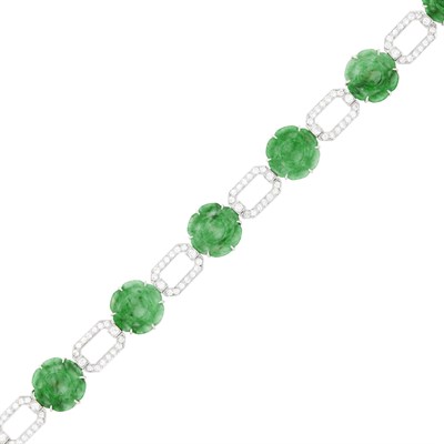 Lot 103 - Platinum, Carved Jade Flower and Diamond Bracelet