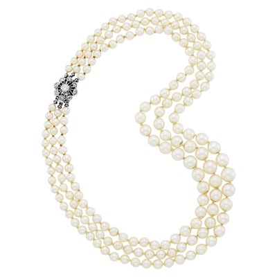 Lot 1205 - Triple Strand Cultured Pearl Necklace with White Gold and Diamond Clasp