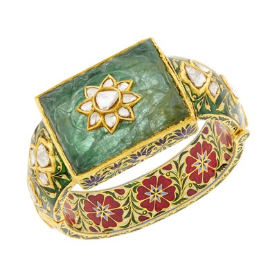 Lot 44 - Indian Gold, Carved Emerald, Foil-Backed Diamond, Enamel and Jaipur Enamel Bangle Bracelet