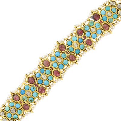 Lot 51 - Indian Gold, Turquoise, Foil-Backed Diamond, Ruby and Seed Pearl Bracelet