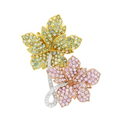 Lot 19 - Tricolor Gold, Multicolored Sapphire and Diamond Clip-Brooch