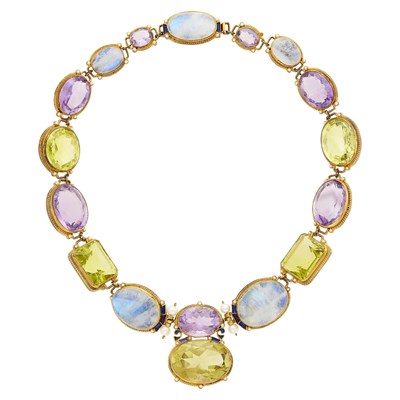Lot 20 - Percossi Papi Silver-Gilt, Blue Enamel, Moonstone, Green Quartz, Amethyst and Freshwater Pearl Necklace