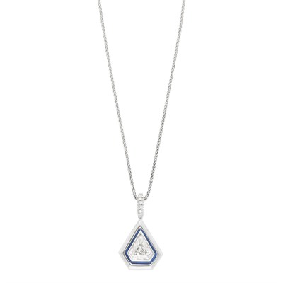 Lot 130 - White Gold, Diamond and Blue Enamel Pendant with Chain Necklace