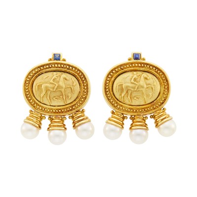 Lot 117 - Pair of Gold, Cultured Pearl and Sapphire Earclips