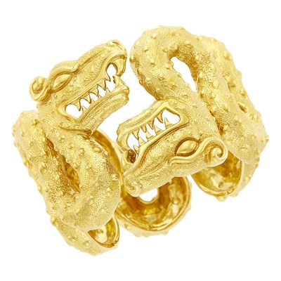 Lot 68 - David Webb Gold 'Aztec Serpent' Cuff Bangle Bracelet