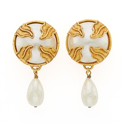 Lot 2070 - Dominique Aurientis Paris Pair of Gilt-Metal and Imitation Pearl Pendant-Earclips