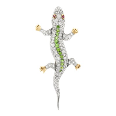 Lot 24 - Antique Gold, Platinum, Emerald, Demantoid Garnet and Diamond Lizard Brooch