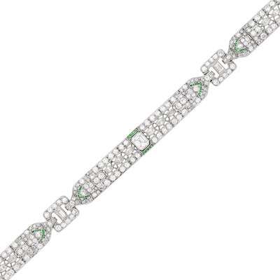 Lot 100 - Platinum, Diamond and Emerald Bracelet
