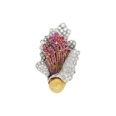 Lot 34 - Gold, Platinum, Ruby and Diamond Brooch