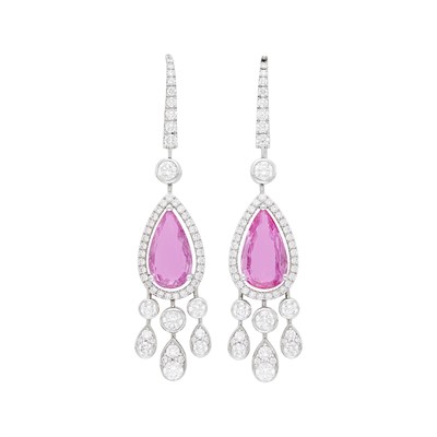 Lot 119 - Graff Pair of White Gold, Pink Sapphire and Diamond Pendant-Earrings