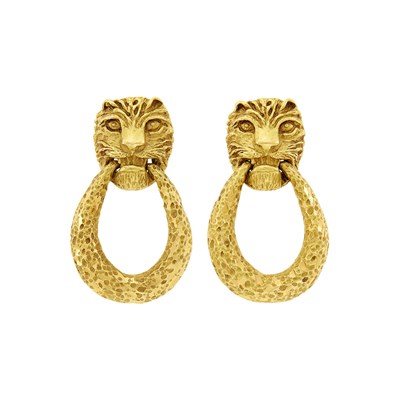 Lot 171 - Pair of Gold Tiger Head Door Knocker Earclips