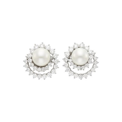 Lot 144 - Angela Cummings for Assael Pair of Platinum, Cultured Pearl and Diamond Earclips