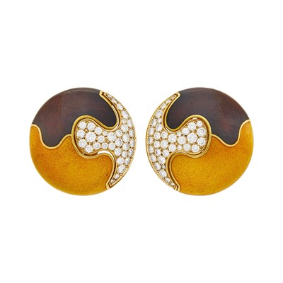 Lot 169 - De Vroomen Pair of Gold, Enamel and Diamond Earclips, France