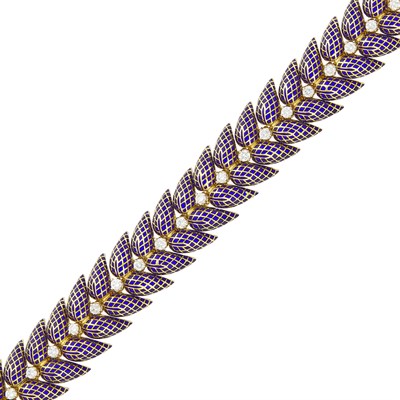 Lot 32 - Gold, Diamond and Blue Plique-à-Jour Enamel Bracelet